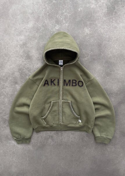 AKIMBO STUDDED TRAINING ZIP-UP HOODIE – OD GREEN